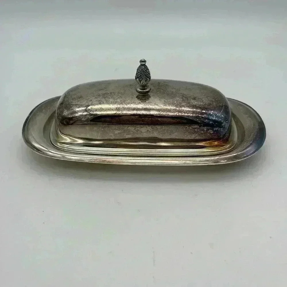 Vintage Silveplate, Butter Dish Elegant Patterned Pineapple Top, Glass insert - Picture 3 of 12